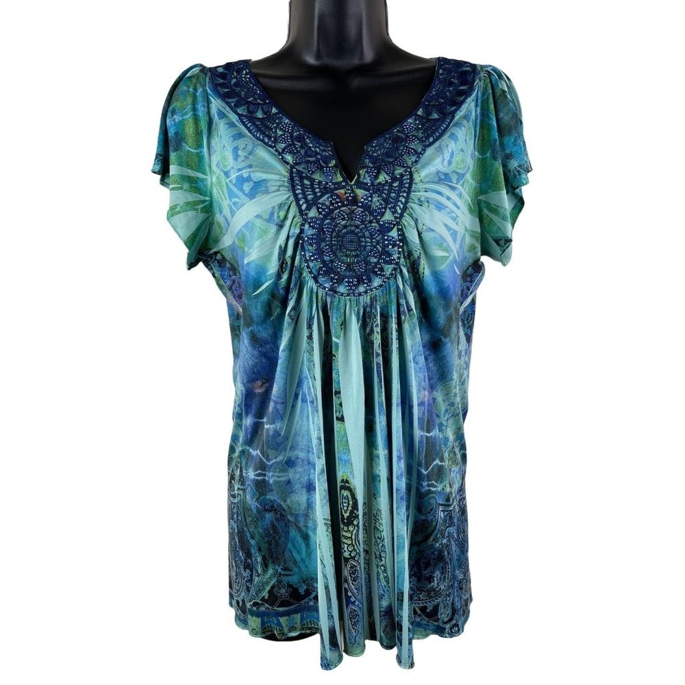 Apt 9 Blouse Women Blue Green Short Sleeve Stretch Smooth Knit Top Size Medium M - Picture 1 of 11